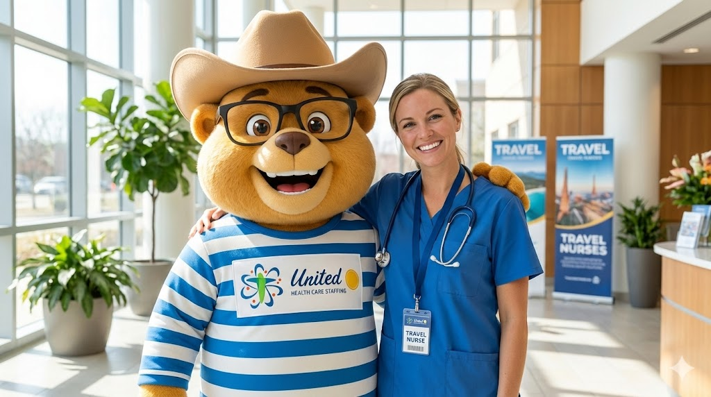 A travel nurse with a suitcase looking at a map of California, illustrating travel nursing opportunities.